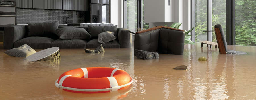 Flooded living room and life preserver