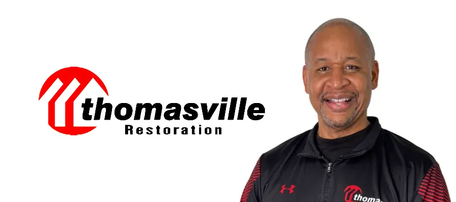 Jason Coleman, Chief Client Officer at Thomasville Restoration, beside the Thomasville Restoration logo